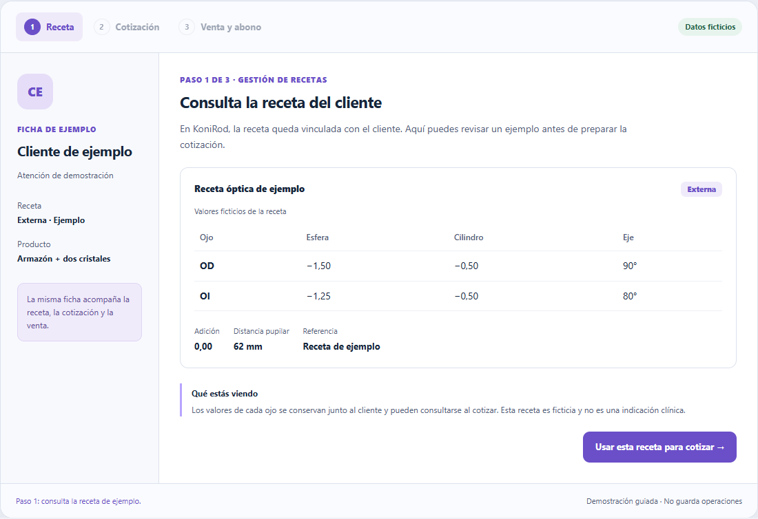 Receta ficticia del recorrido guiado de KoniRod con valores de OD y OI, adición y distancia pupilar.