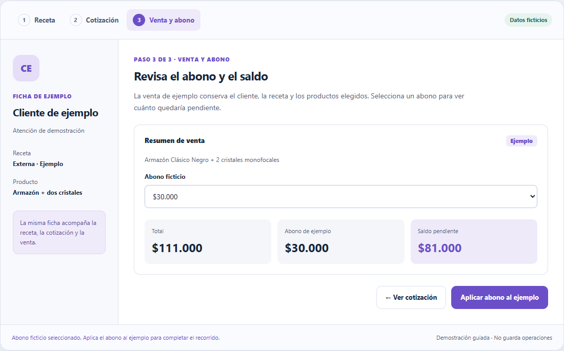 Venta ficticia del recorrido guiado de KoniRod: total de $111.000, abono de $30.000 y saldo de $81.000.